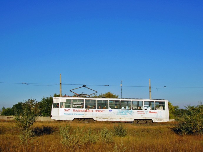 Трамвай №004 на маршруті №4: кінцева зупинка &laquo;Сантуринівка&raquo; (2009 рік)