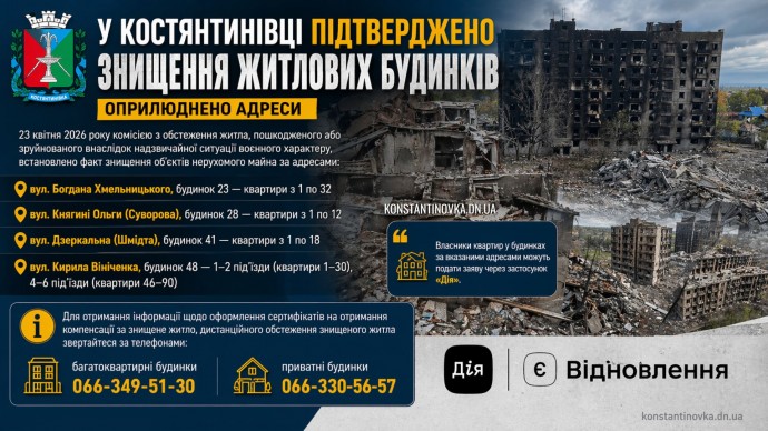 В Константиновке подтверждено уничтожение нескольких многоквартирных домов: обнародованы адреса и детали (23.04.2026)